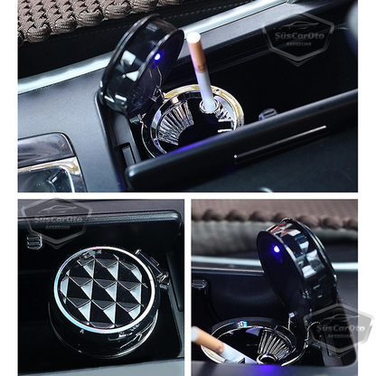 Cenicero de lujo universal con diseño de piedra de cristal y diamante, con luz LED azul, para coche deportivo, con tapa, color negro ONK16