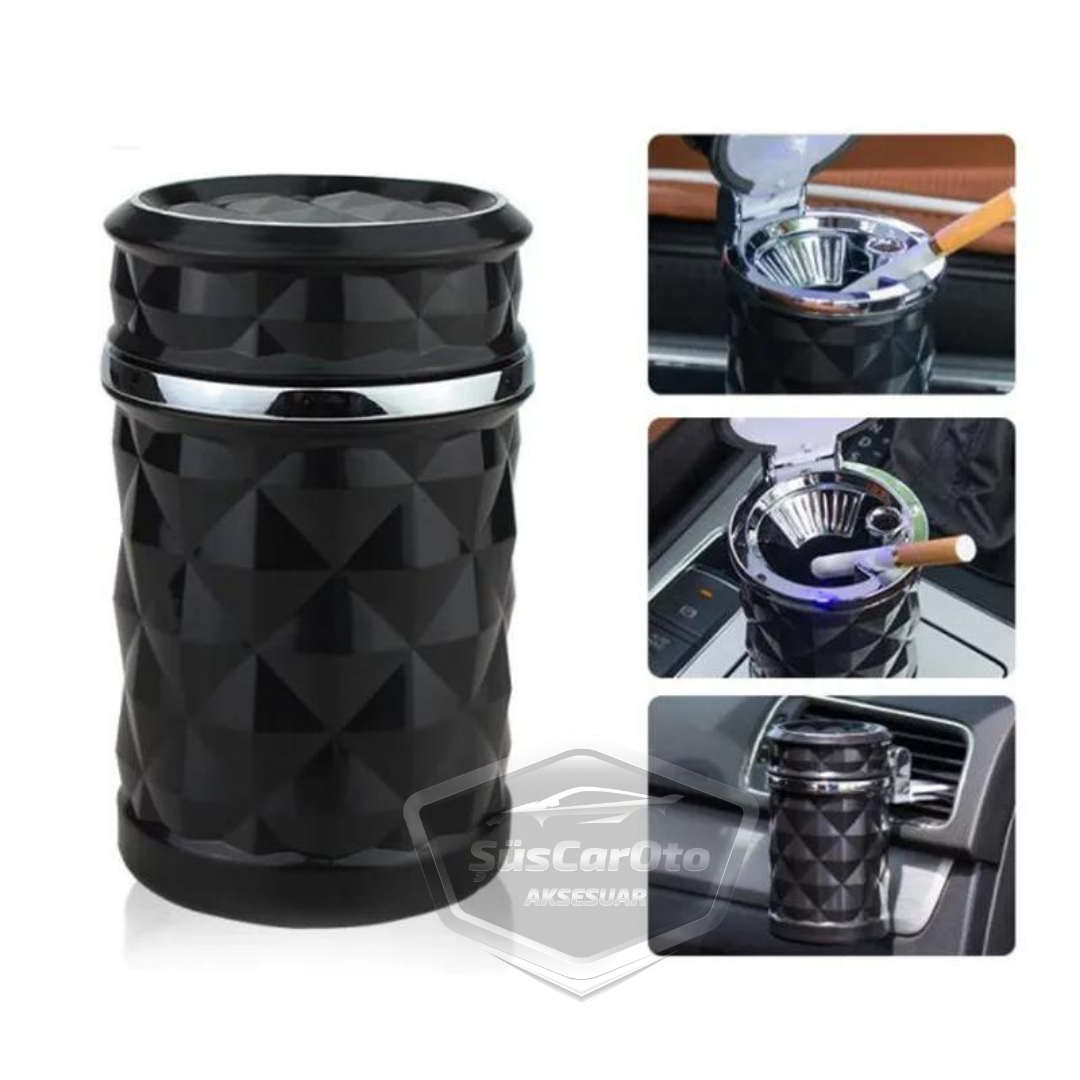 Cenicero de lujo universal con diseño de piedra de cristal y diamante, con luz LED azul, para coche deportivo, con tapa, color negro ONK16