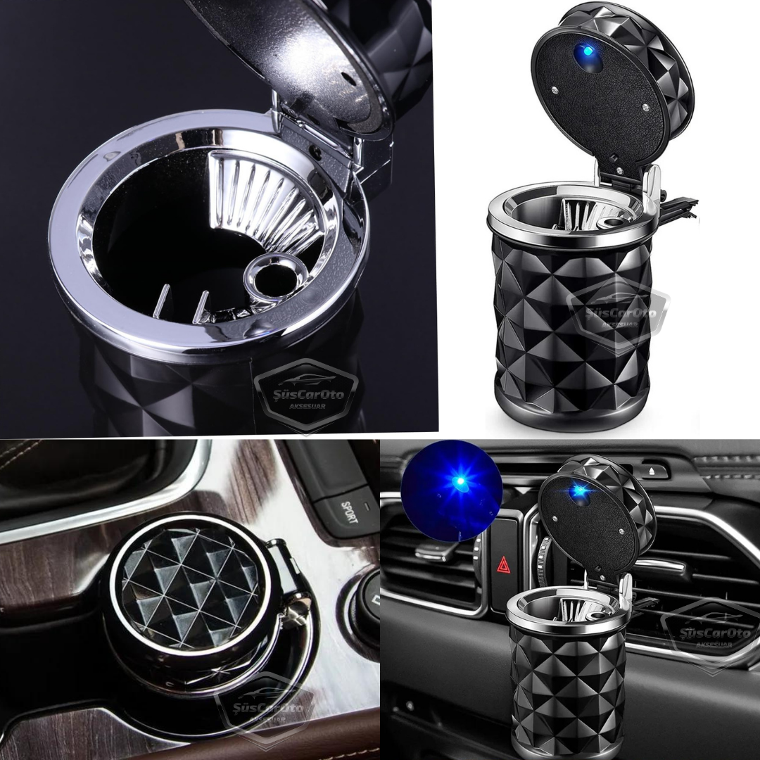 Cenicero de lujo universal con diseño de piedra de cristal y diamante, con luz LED azul, para coche deportivo, con tapa, color negro ONK16
