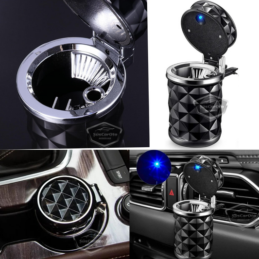 Cenicero de lujo universal con diseño de piedra de cristal y diamante, con luz LED azul, para coche deportivo, con tapa, color negro ONK16