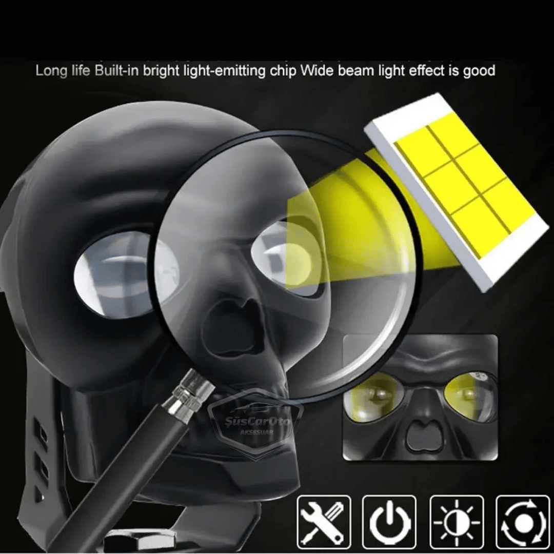 Universal Kurukafa Sis Farı Çakarlı Çift Renk Sarı-Beyaz 9-60V Kafatası Araç Motosiklet Off Road Led Lamba Delici Yayıcı Projektör 50W Metal Arazi Çalışma Lambası 1 Adet Siyah