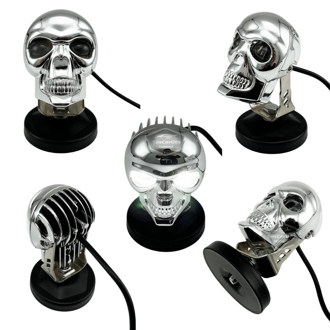 Universal Kurukafa Sis Farı Çakarlı Çift Renk Sarı-Beyaz 9-60V Kafatası Araç Motosiklet Off Road Led Lamba Delici Yayıcı Projektör 50W Metal Arazi Çalışma Lambası 1 Adet Krom
