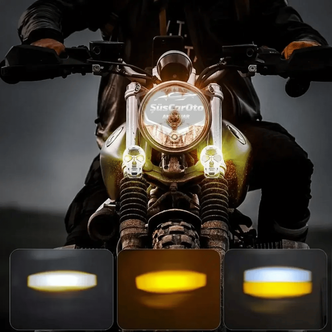 Universal Kurukafa Sis Farı Çakarlı Çift Renk Sarı-Beyaz 9-60V Kafatası Araç Motosiklet Off Road Led Lamba Delici Yayıcı Projektör 50W Metal Arazi Çalışma Lambası 1 Adet Krom