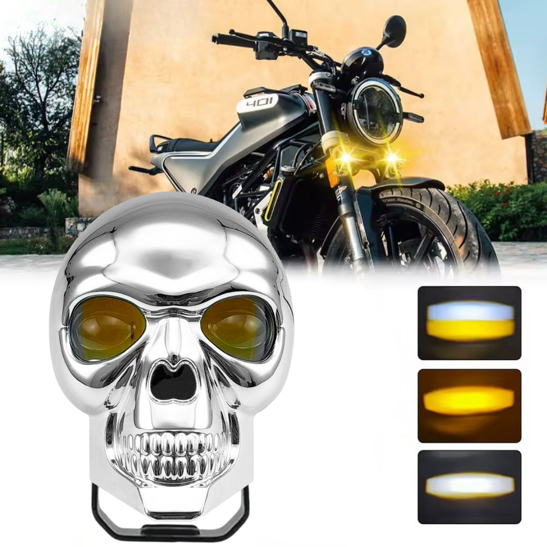 Universal Kurukafa Sis Farı Çakarlı Çift Renk Sarı-Beyaz 9-60V Kafatası Araç Motosiklet Off Road Led Lamba Delici Yayıcı Projektör 50W Metal Arazi Çalışma Lambası 1 Adet Krom