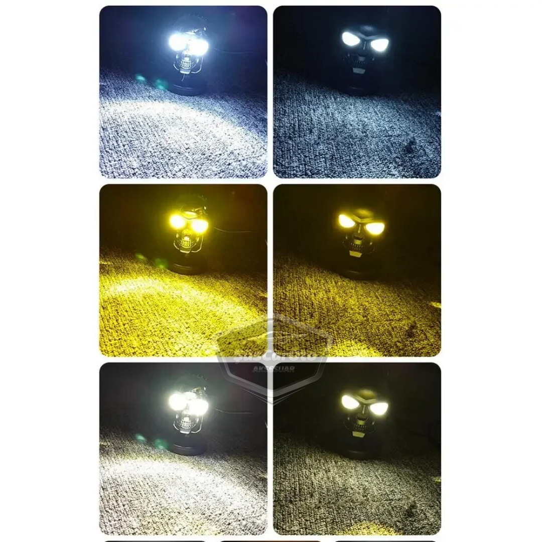 Universal Kurukafa Sis Farı Çakarlı Çift Renk Sarı-Beyaz 9-60V Kafatası Araç Motosiklet Off Road Led Lamba Delici Yayıcı Projektör 50W Metal Arazi Çalışma Lambası 1 Adet Krom