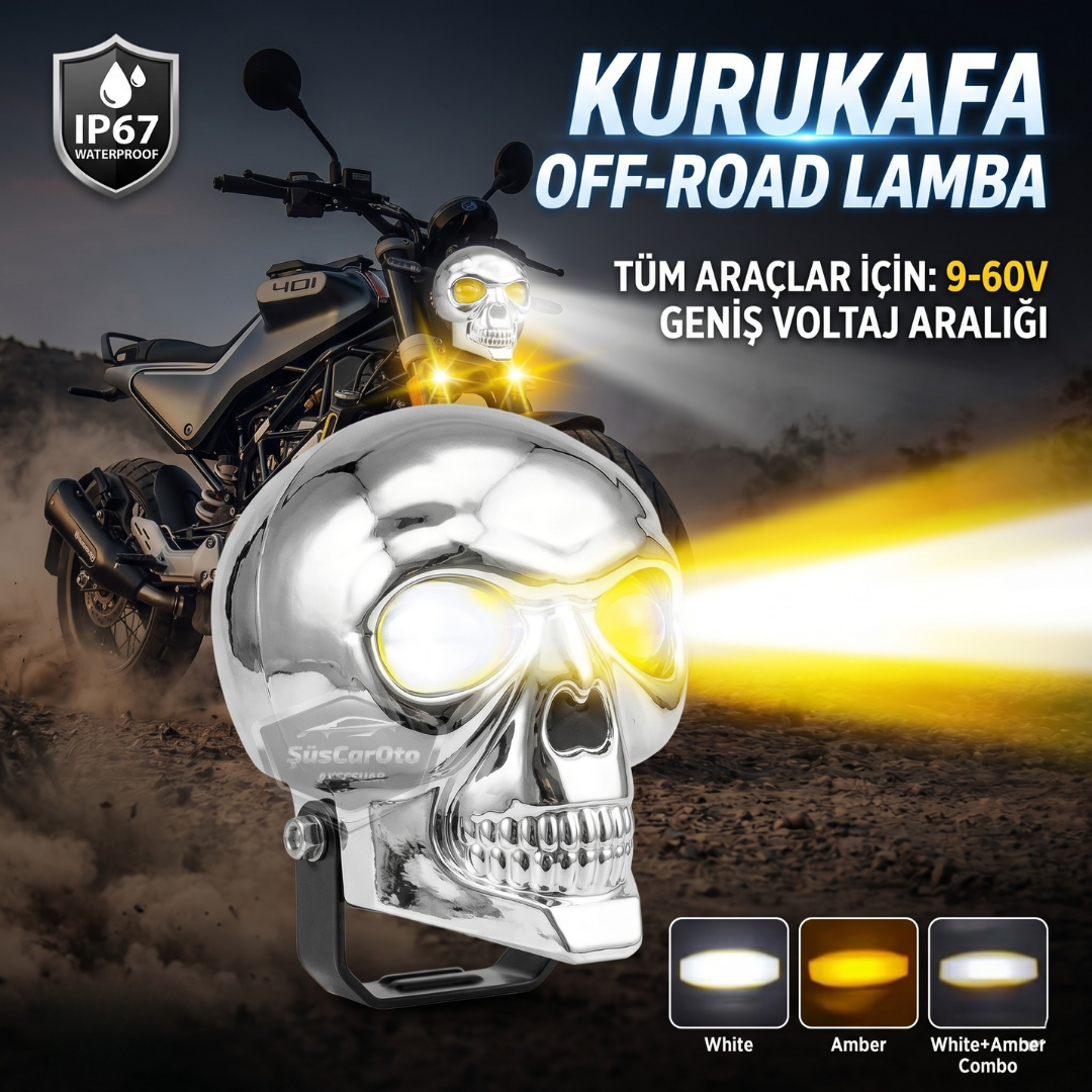 Universal Kurukafa Sis Farı Çakarlı Çift Renk Sarı-Beyaz 9-60V Kafatası Araç Motosiklet Off Road Led Lamba Delici Yayıcı Projektör 50W Metal Arazi Çalışma Lambası 1 Adet Krom