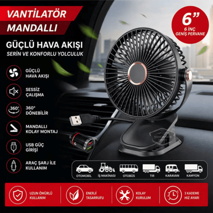 Üniversal Mandallı Oto Ofis Araç İçi Torpido Üstü Vantilatör USB ve Çakmak Girişli Tak Çalıştır Soğutucu Fan 360° Dönebilen Ultra Sessiz Oynar Başlıklı 6'' Araç Fanı