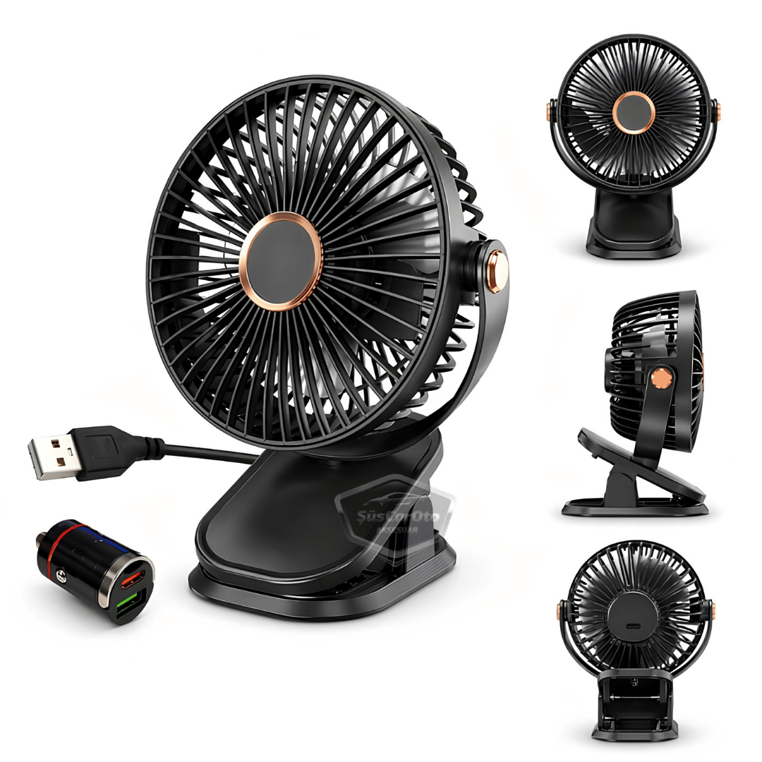 Üniversal Mandallı Oto Ofis Araç İçi Torpido Üstü Vantilatör USB ve Çakmak Girişli Tak Çalıştır Soğutucu Fan 360° Dönebilen Ultra Sessiz Oynar Başlıklı 6'' Araç Fanı