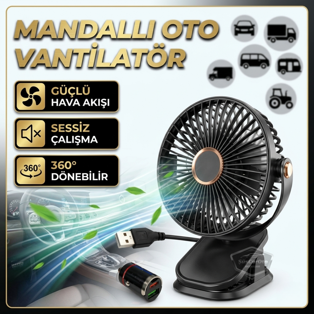 Üniversal Mandallı Oto Ofis Araç İçi Torpido Üstü Vantilatör USB ve Çakmak Girişli Tak Çalıştır Soğutucu Fan 360° Dönebilen Ultra Sessiz Oynar Başlıklı 6'' Araç Fanı