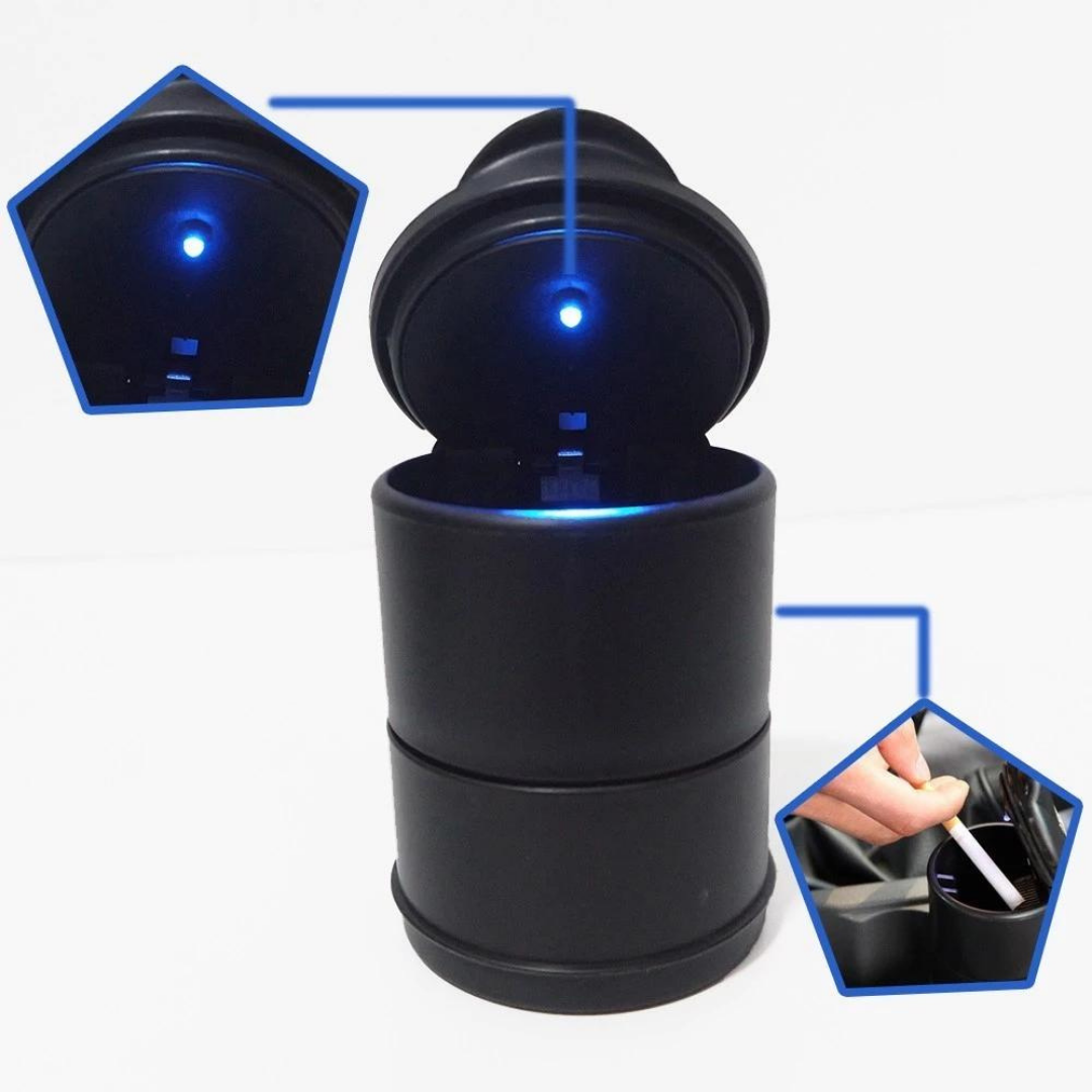 Cenicero de coche universal con luz LED azul deportiva, cenicero de coche con tapa, negro