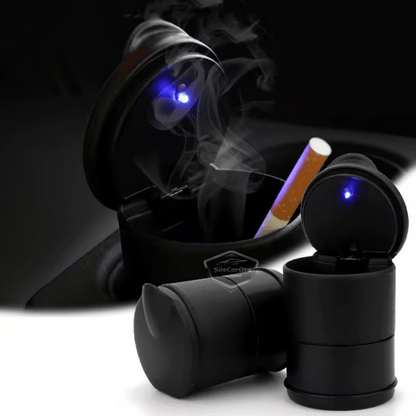 Cenicero de coche deportivo universal con luz LED azul, con tapa y portavasos, cenicero de coche, negro