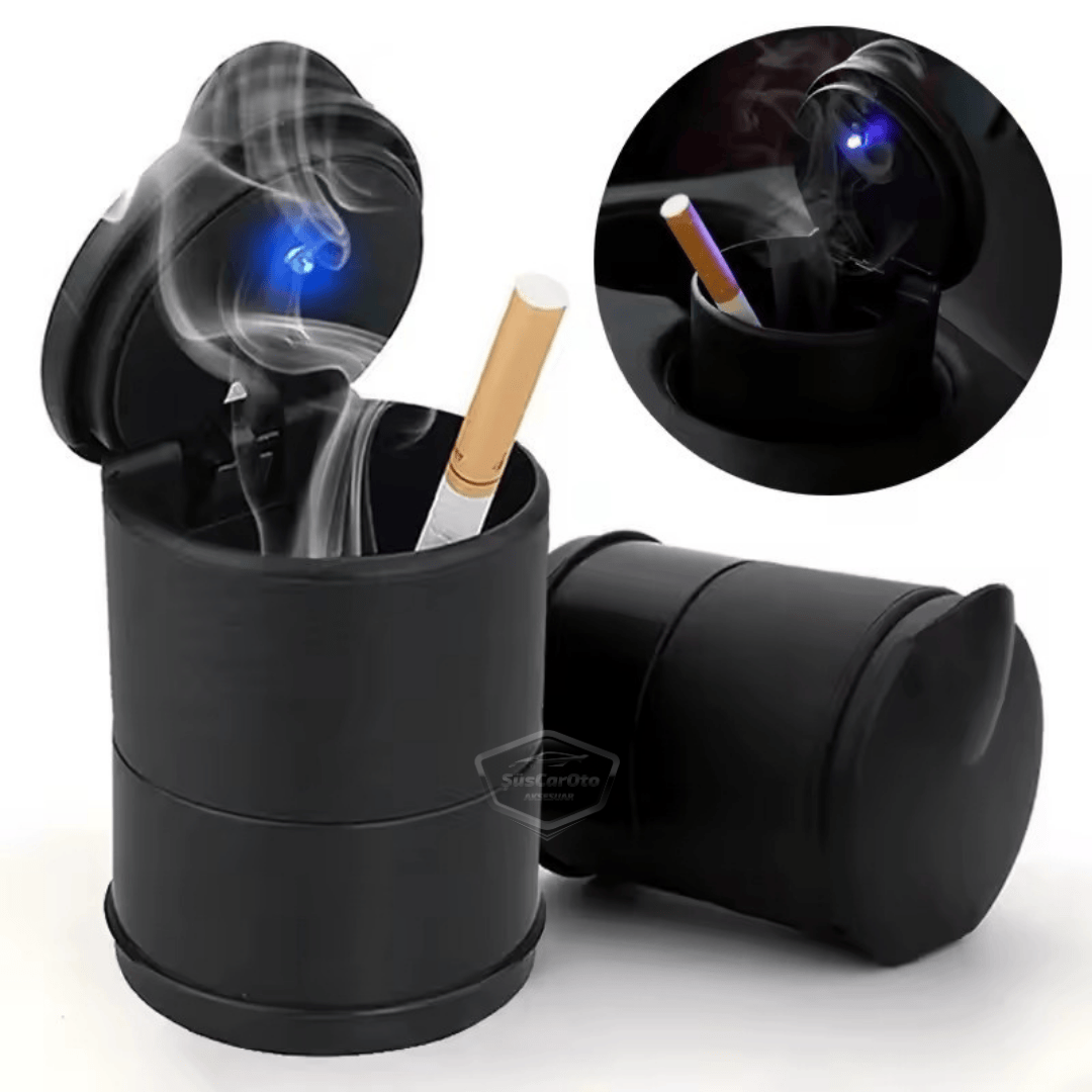 Cenicero de coche deportivo universal con luz LED azul, con tapa y portavasos, cenicero de coche, negro