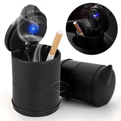 Cenicero de coche deportivo universal con luz LED azul, con tapa y portavasos, cenicero de coche, negro