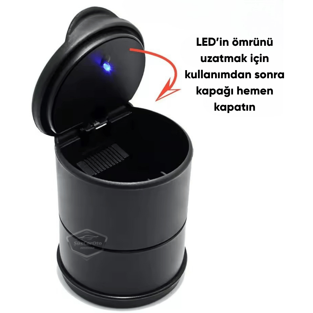 Cenicero de coche deportivo universal con luz LED azul, con tapa y portavasos, cenicero de coche, negro