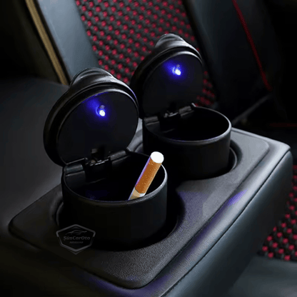 Cenicero de coche deportivo universal con luz LED azul, con tapa y portavasos, cenicero de coche, negro