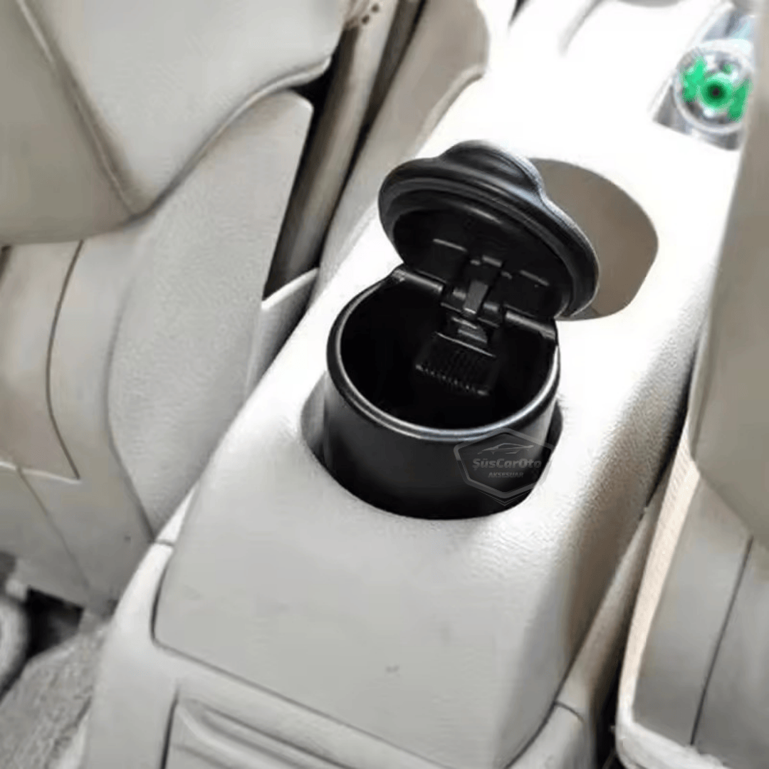 Cenicero de coche deportivo universal con luz LED azul, con tapa y portavasos, cenicero de coche, negro
