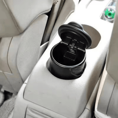Cenicero de coche deportivo universal con luz LED azul, con tapa y portavasos, cenicero de coche, negro