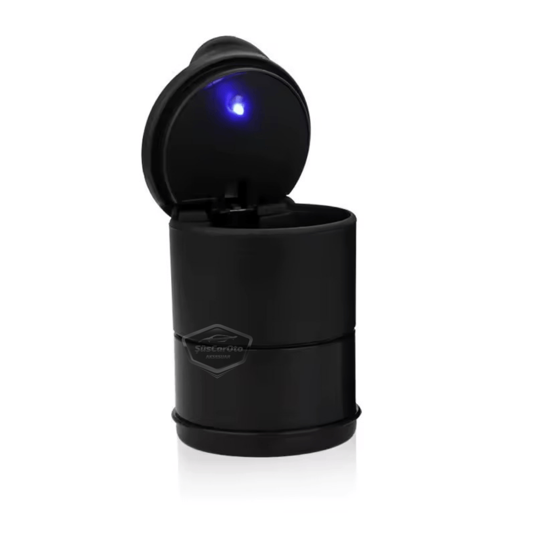 Cenicero de coche deportivo universal con luz LED azul, con tapa y portavasos, cenicero de coche, negro
