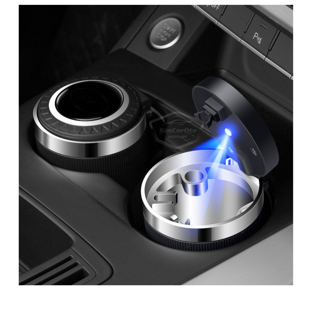 Cenicero universal de lujo con luz LED azul ignífugo e inodoro, con tapa, sin humo, para coches deportivos, cenicero de coche, color negro ONK13
