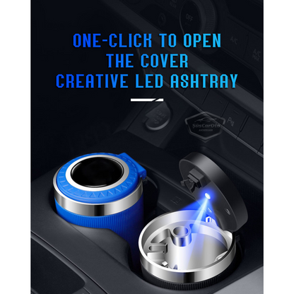 Cenicero universal de lujo con luz LED azul ignífugo e inodoro, con tapa, sin humo, para coches deportivos, cenicero de coche, color negro ONK13