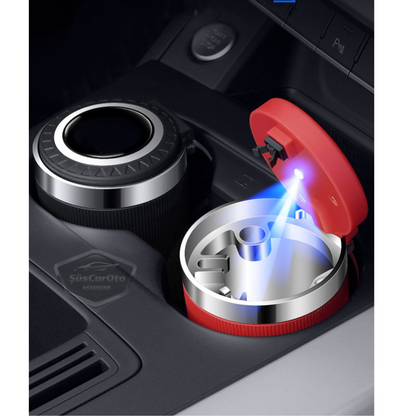 Cenicero universal de lujo con luz LED azul ignífugo e inodoro, con tapa, sin humo, para coches deportivos, cenicero de coche, color negro ONK13
