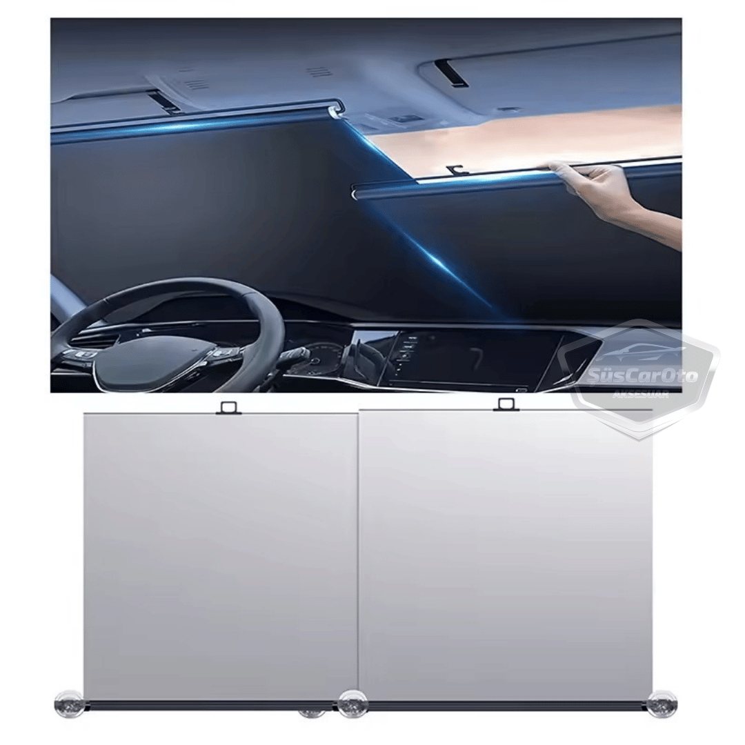 Universal Oto Katlanır Stor Perde Güneşlik Ön Arka Cam Gölgelik Otomatik Sürgülü Yeni Nesil Güneş Koruyucu Oto Araba Suv Tır 73 cm x 105 cm 2 Adet