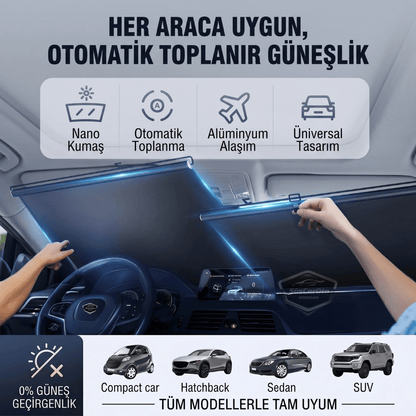 Universal Oto Katlanır Stor Perde Güneşlik Ön Arka Cam Gölgelik Otomatik Sürgülü Yeni Nesil Güneş Koruyucu Oto Araba Suv Tır 73 cm x 105 cm 2 Adet