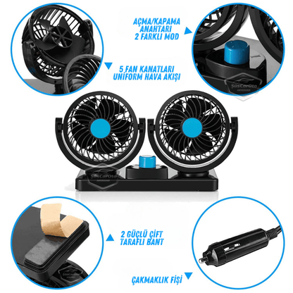 Ventilador de Coche Universal para Tablero de Control, Doble Cabezal, con Conector para Encendedor de Cigarrillos, Ventilador Enfriador de 2 Niveles, Rotación de 360°, Ultra Silencioso, 12V Azul ONV54