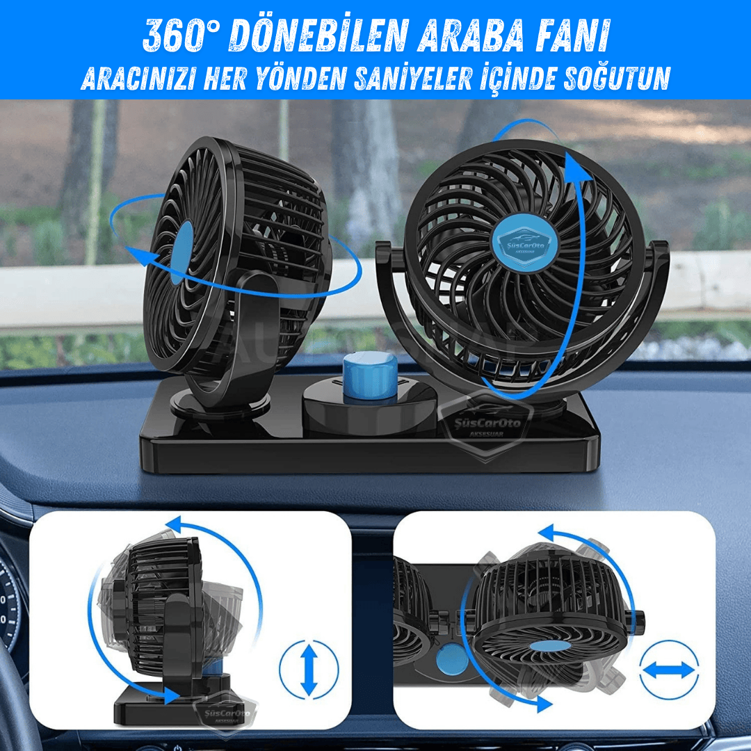 Ventilador de Coche Universal para Tablero de Control, Doble Cabezal, con Conector para Encendedor de Cigarrillos, Ventilador Enfriador de 2 Niveles, Rotación de 360°, Ultra Silencioso, 12V Azul ONV54