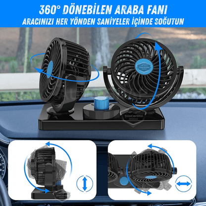Ventilador de Coche Universal para Tablero de Control, Doble Cabezal, con Conector para Encendedor de Cigarrillos, Ventilador Enfriador de 2 Niveles, Rotación de 360°, Ultra Silencioso, 12V Azul ONV54