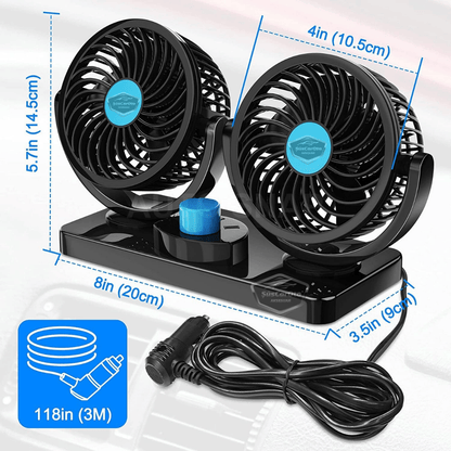 Ventilador de Coche Universal para Tablero de Control, Doble Cabezal, con Conector para Encendedor de Cigarrillos, Ventilador Enfriador de 2 Niveles, Rotación de 360°, Ultra Silencioso, 12V Azul ONV54