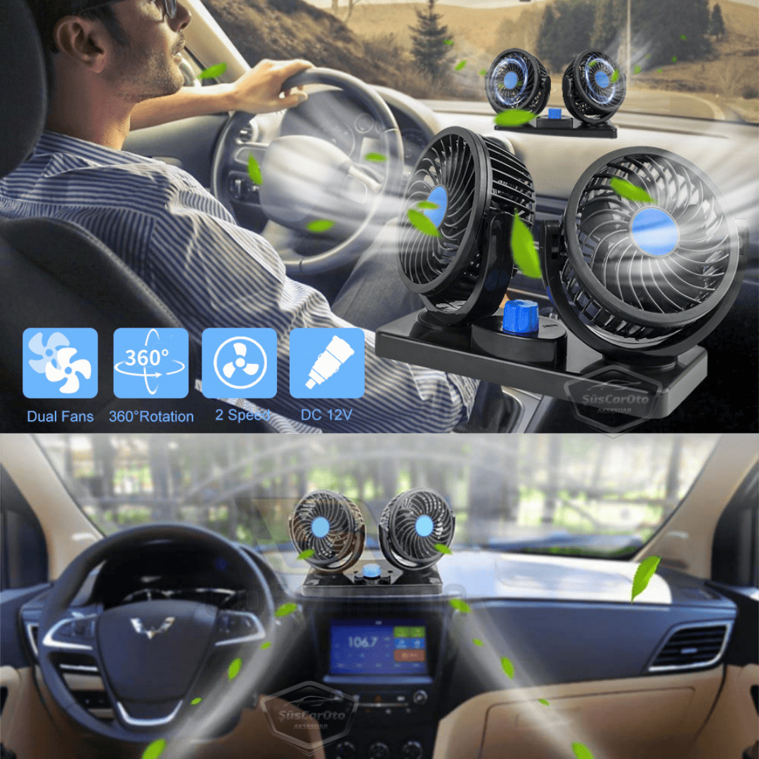 Ventilador de Coche Universal para Tablero de Control, Doble Cabezal, con Conector para Encendedor de Cigarrillos, Ventilador Enfriador de 2 Niveles, Rotación de 360°, Ultra Silencioso, 12V Azul ONV54