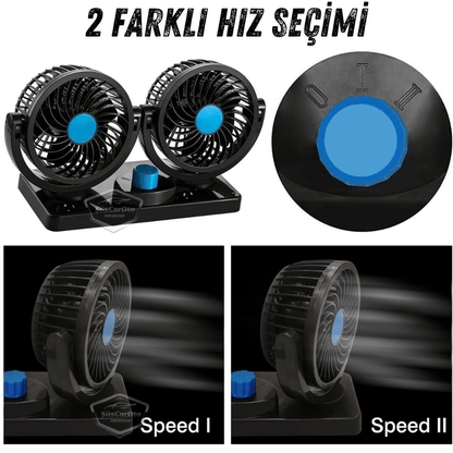 Ventilador de Coche Universal para Tablero de Control, Doble Cabezal, con Conector para Encendedor de Cigarrillos, Ventilador Enfriador de 2 Niveles, Rotación de 360°, Ultra Silencioso, 12V Azul ONV54