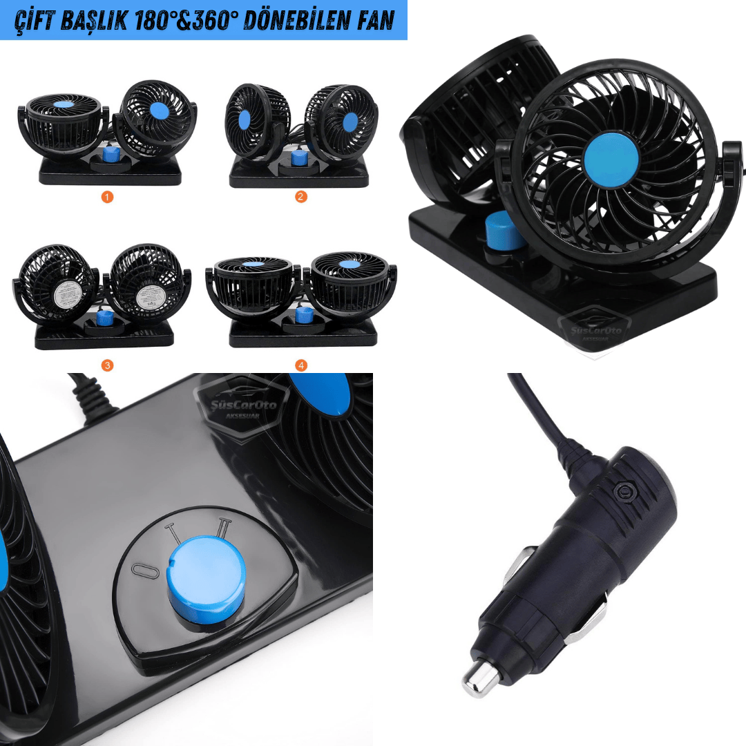Ventilador de Coche Universal para Tablero de Control, Doble Cabezal, con Conector para Encendedor de Cigarrillos, Ventilador Enfriador de 2 Niveles, Rotación de 360°, Ultra Silencioso, 12V Azul ONV54