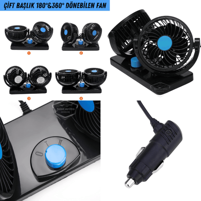 Ventilador de Coche Universal para Tablero de Control, Doble Cabezal, con Conector para Encendedor de Cigarrillos, Ventilador Enfriador de 2 Niveles, Rotación de 360°, Ultra Silencioso, 12V Azul ONV54