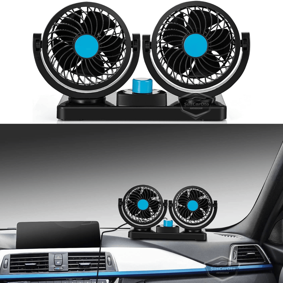 Ventilador de Coche Universal para Tablero de Control, Doble Cabezal, con Conector para Encendedor de Cigarrillos, Ventilador Enfriador de 2 Niveles, Rotación de 360°, Ultra Silencioso, 12V Azul ONV54
