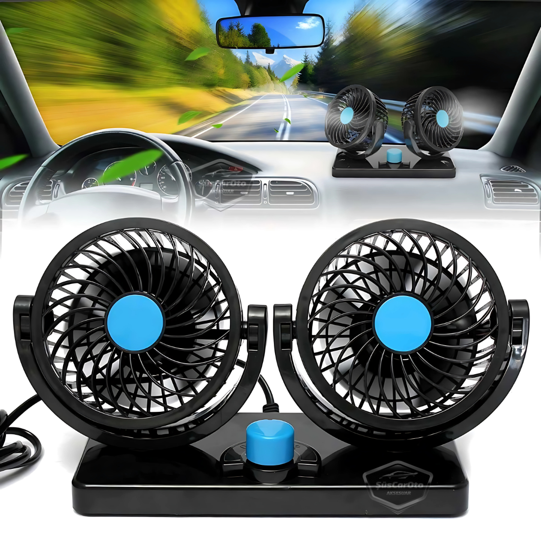 Ventilador de Coche Universal para Tablero de Control, Doble Cabezal, con Conector para Encendedor de Cigarrillos, Ventilador Enfriador de 2 Niveles, Rotación de 360°, Ultra Silencioso, 12V Azul ONV54