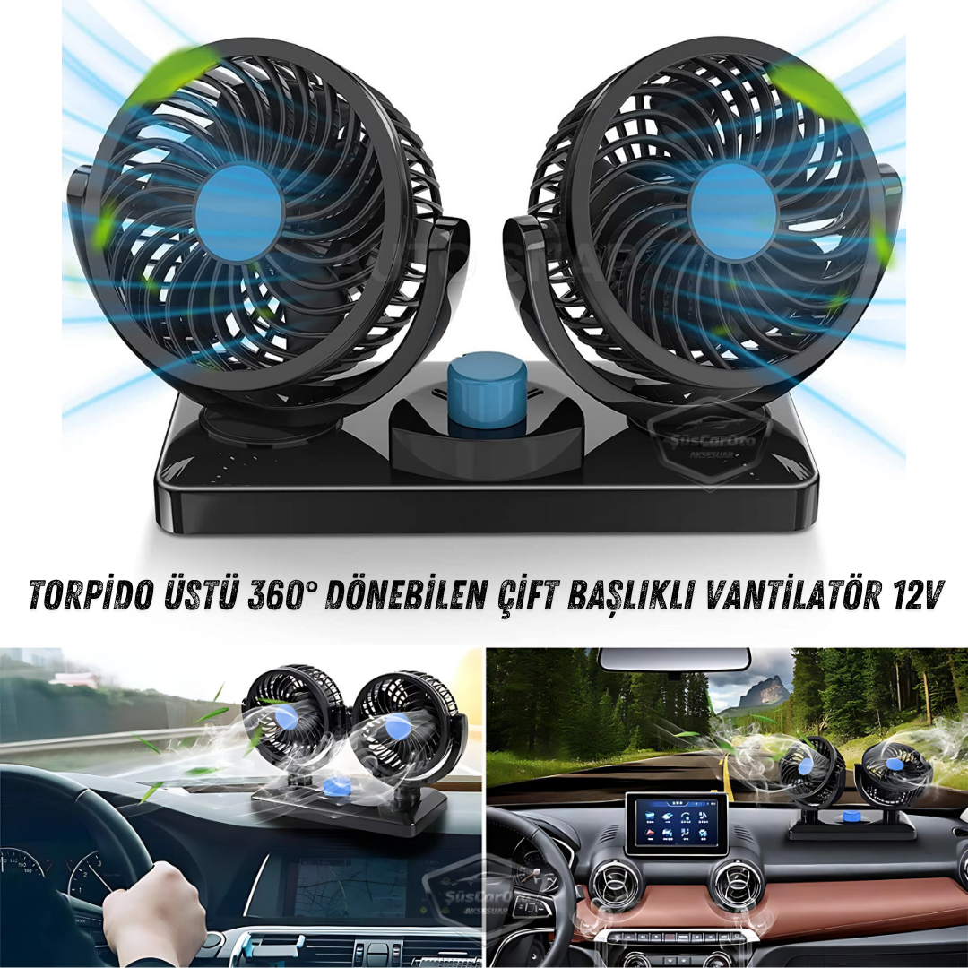 Ventilador de Coche Universal para Tablero de Control, Doble Cabezal, con Conector para Encendedor de Cigarrillos, Ventilador Enfriador de 2 Niveles, Rotación de 360°, Ultra Silencioso, 12V Azul ONV54