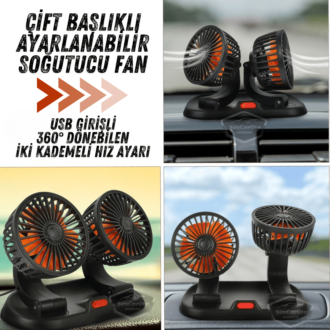 Ventilador de Coche Universal para Tablero, Doble Cabezal, Entrada USB, 2 Velocidades, Refrigerador, Silencioso, Giratorio 360°, Con Cabezal Oscilante