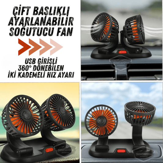 Ventilador de Coche Universal para Tablero, Doble Cabezal, Entrada USB, 2 Velocidades, Refrigerador, Silencioso, Giratorio 360°, Con Cabezal Oscilante