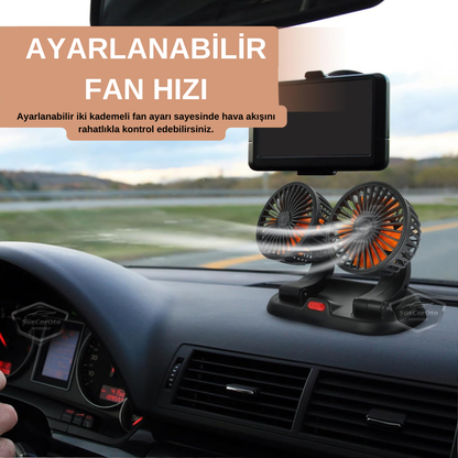 Ventilador de Coche Universal para Tablero, Doble Cabezal, Entrada USB, 2 Velocidades, Refrigerador, Silencioso, Giratorio 360°, Con Cabezal Oscilante