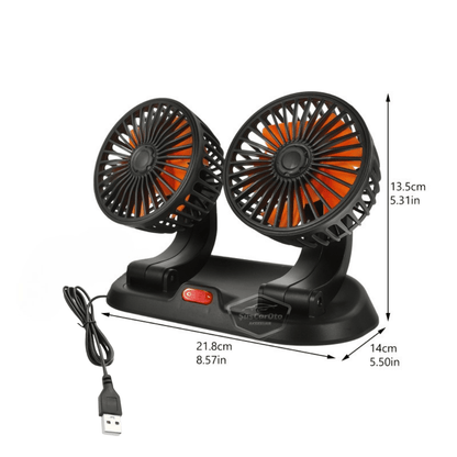 Ventilador de Coche Universal para Tablero, Doble Cabezal, Entrada USB, 2 Velocidades, Refrigerador, Silencioso, Giratorio 360°, Con Cabezal Oscilante