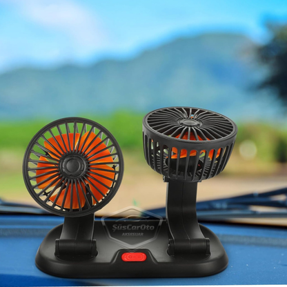 Ventilador de Coche Universal para Tablero, Doble Cabezal, Entrada USB, 2 Velocidades, Refrigerador, Silencioso, Giratorio 360°, Con Cabezal Oscilante