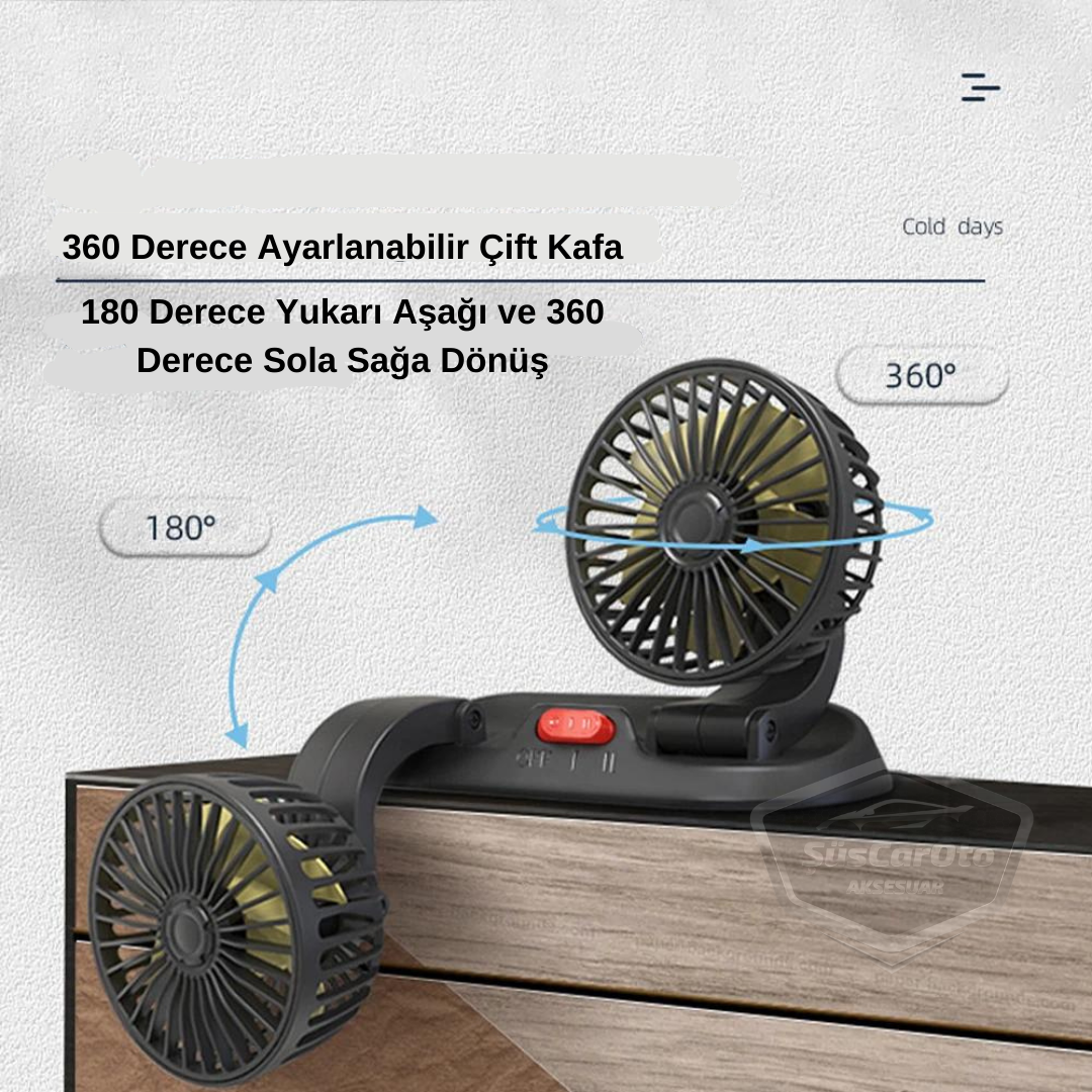 Ventilador de Coche Universal para Tablero, Doble Cabezal, Entrada USB, 2 Velocidades, Refrigerador, Silencioso, Giratorio 360°, Con Cabezal Oscilante