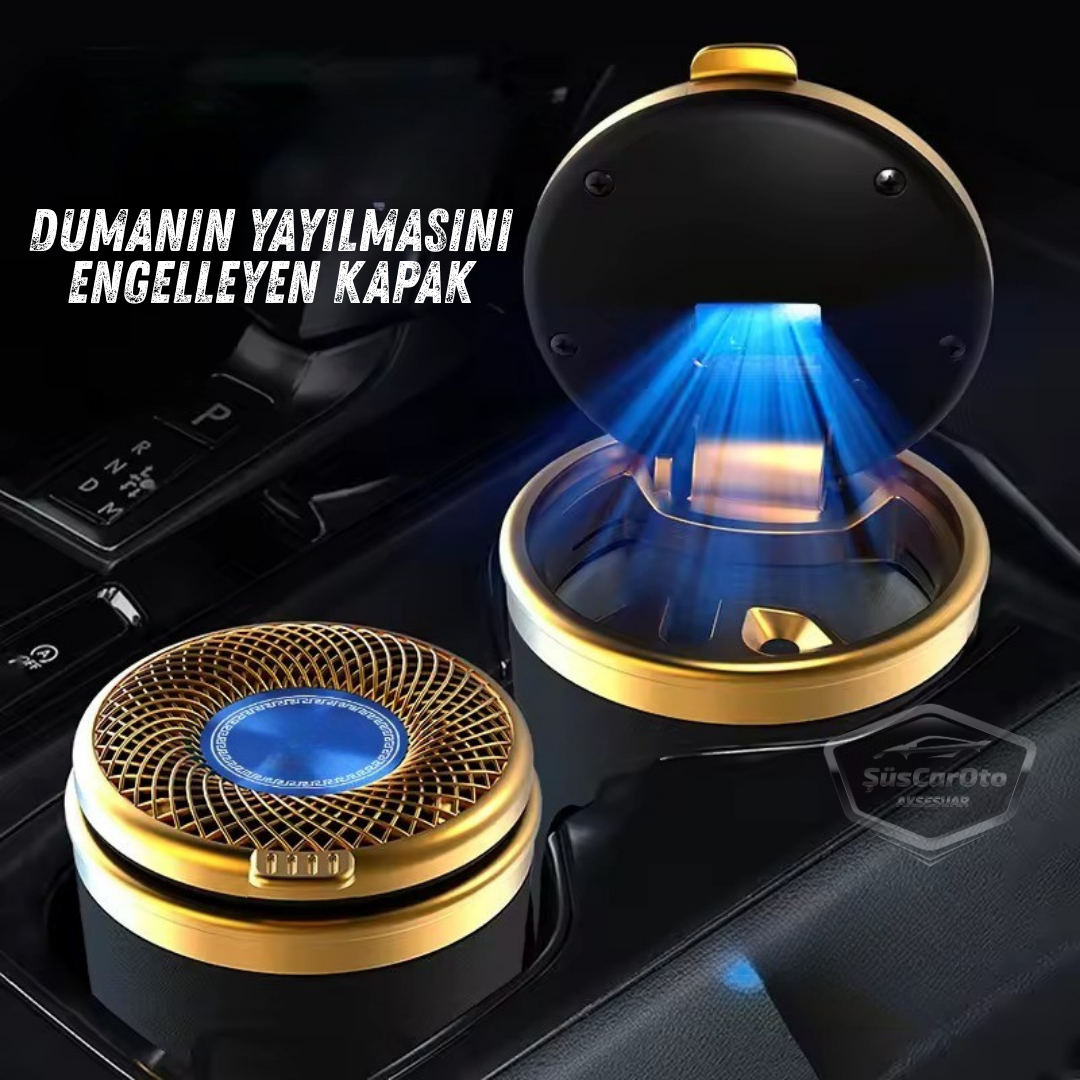 Cenicero de coche de lujo universal de porcelana, ignífugo, inodoro, de cerámica dorada, con luz azul, sin humo, con tapa, para coche deportivo, Gold NO.029