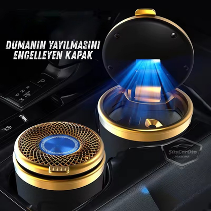 Cenicero de coche de lujo universal de porcelana, ignífugo, inodoro, de cerámica dorada, con luz azul, sin humo, con tapa, para coche deportivo, Gold NO.029