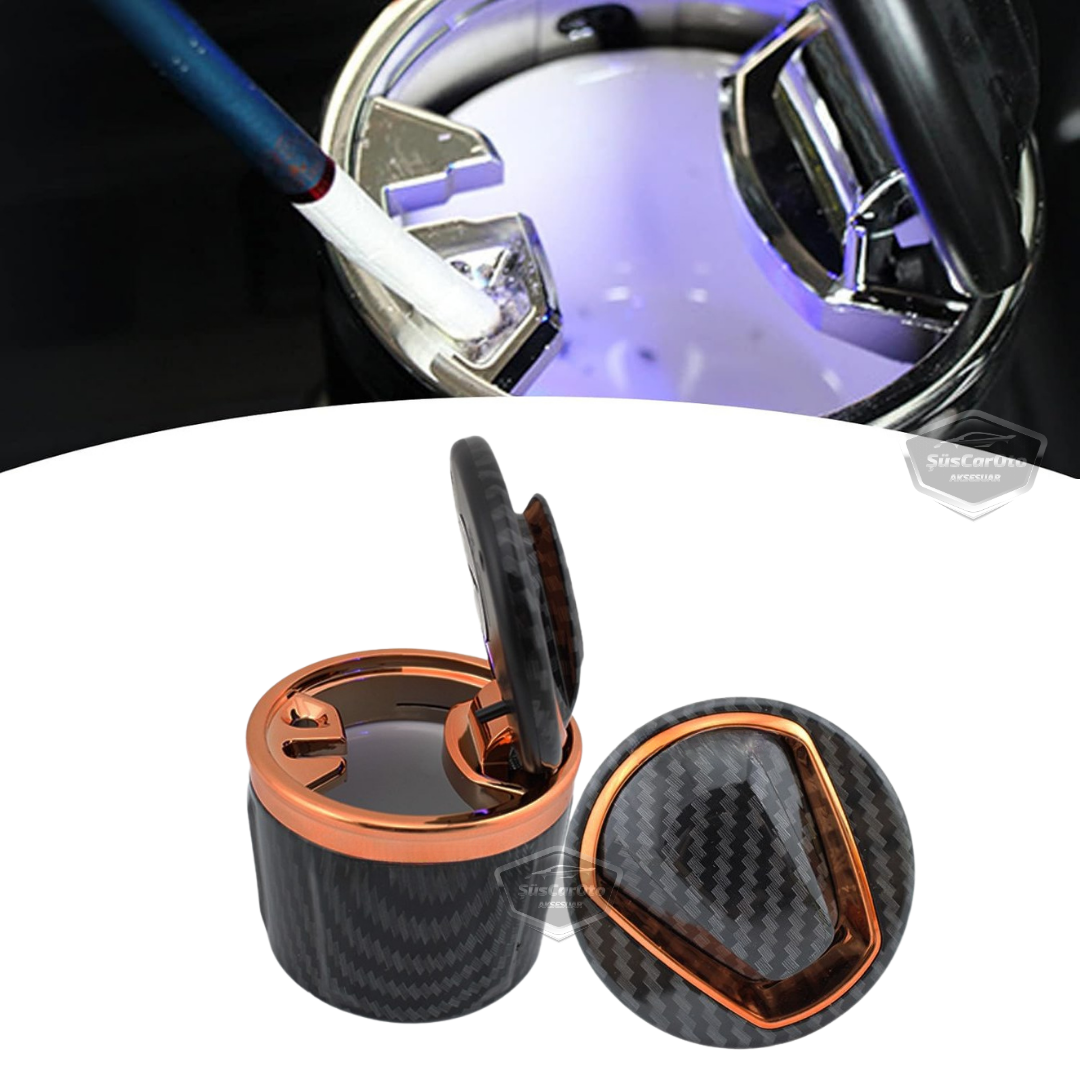 Cenicero de coche de lujo universal de porcelana, ignífugo, inodoro, con luz azul, sin humo, con tapa, deportivo, para coche, de oro y carbono ONK163