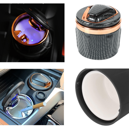 Cenicero de coche de lujo universal de porcelana, ignífugo, inodoro, con luz azul, sin humo, con tapa, deportivo, para coche, de oro y carbono ONK163