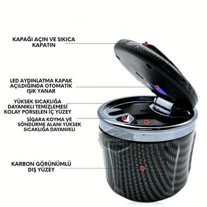 Cenicero de coche de lujo universal de porcelana, ignífugo, inodoro, con luz azul, cenicero de coche deportivo sin humo con tapa, cenicero de coche, plata de carbono ONK162