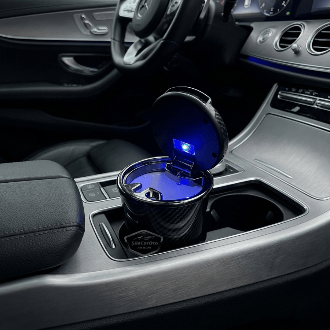 Cenicero de coche de lujo universal de porcelana ignífuga, inodoro, con luz azul, sin humo, con tapa, deportivo, para interior de coche, tapa de carbono